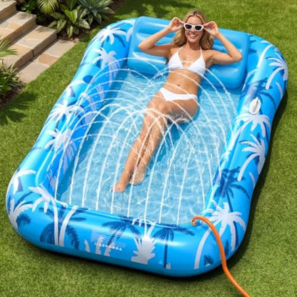 Inflatable Tanning Pool Lounger Float with Sprinkler, X-Large Pool Floats with Auto Spray Cooling, 6 in 1 Sunbathing Lounge Flo